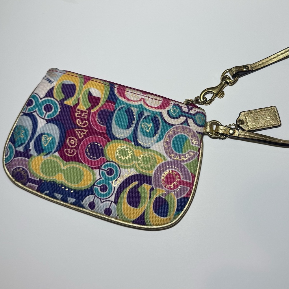 Coach Poppy Colorful Patterned Wristlet with Gold Accents